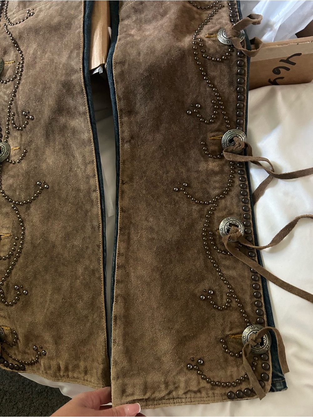 Ralph Lauren Two-Tone Blue Denim Jeans with Tan Suede-Look Panels - Picture 2 of 6